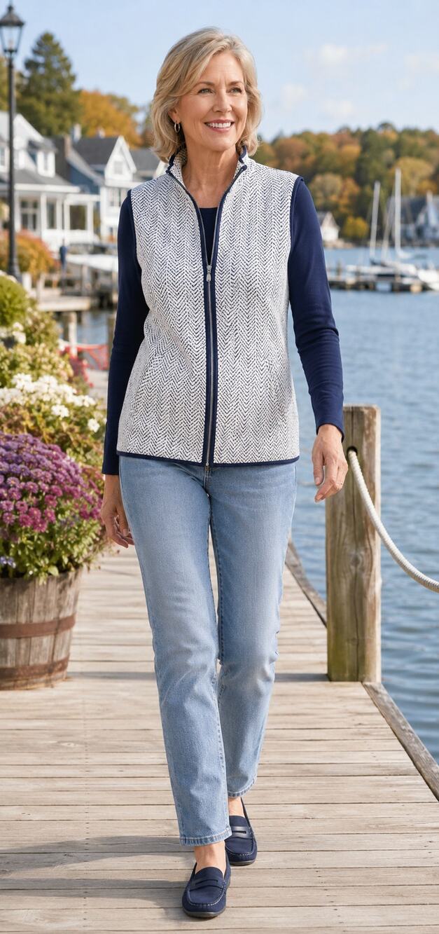 Chico’s Weekend Size 1 Medium Navy Ivory Herringbone Full Zip Vest